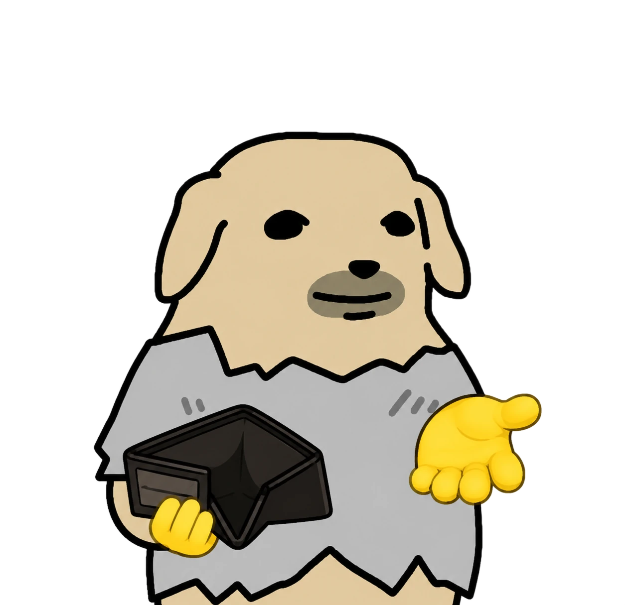 Broke Dog holding an empty wallet